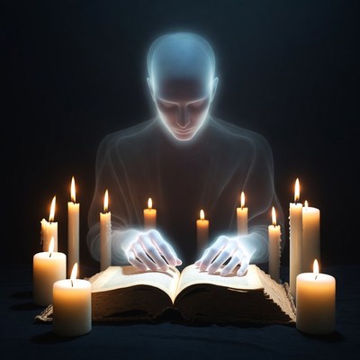 Ghostly figure reading ancient book with candles