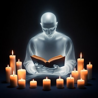 Glowing man reading book surrounded by candles