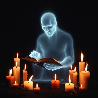 Ghostly man reading book by candles