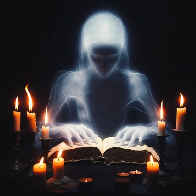 Ghostly Woman Reading Ancient Book with Candles