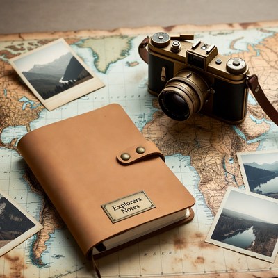 Vintage camera on world map with explorer notebook