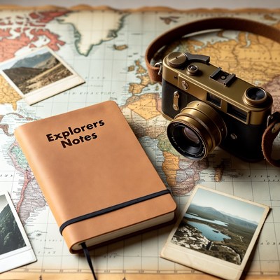 Vintage camera on world map