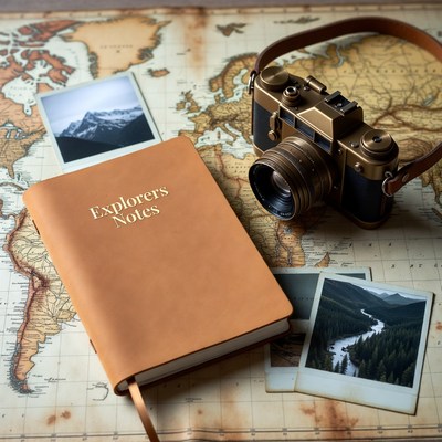 Vintage camera on explorer map