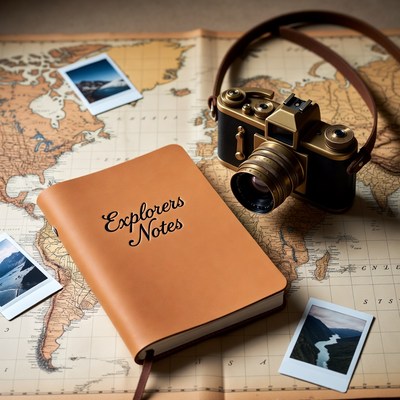 Vintage camera on explorer map