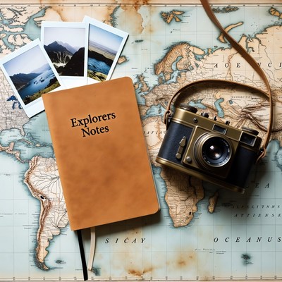 Vintage camera and explorer's notes on world map