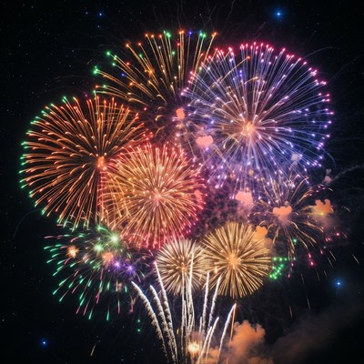 Colorful Fireworks Exploding in Night Sky