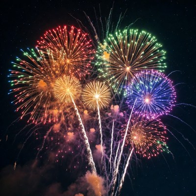 Colorful Fireworks Exploding in Night Sky