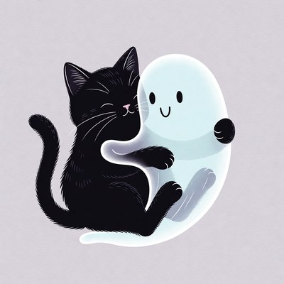 Black cat hugging ghost