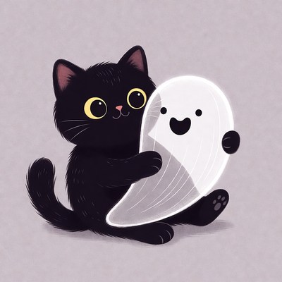 Black kitten holding ghost