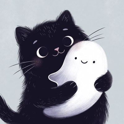Black cat hugging ghost