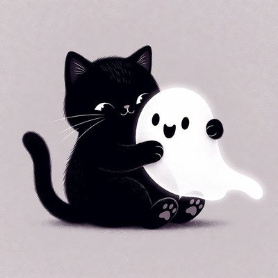 Black cat hugging cute ghost