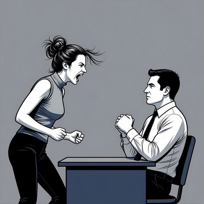 Angry woman yelling at man at desk