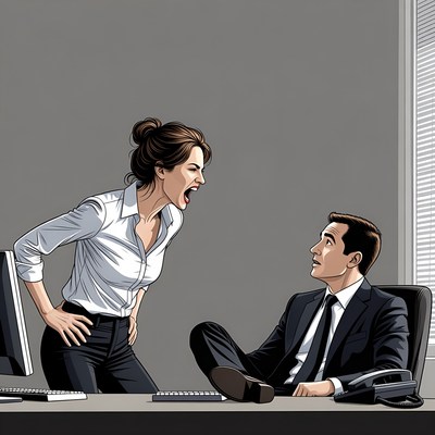 Angry woman yelling at man in office