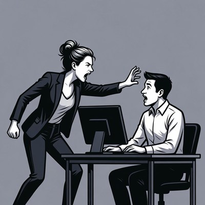 Angry woman yelling at man at desk