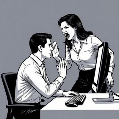 Angry woman yelling at man at desk