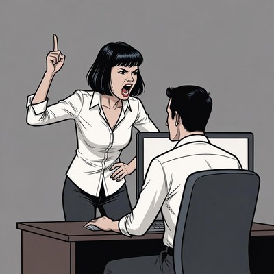 Angry woman scolding man at desk
