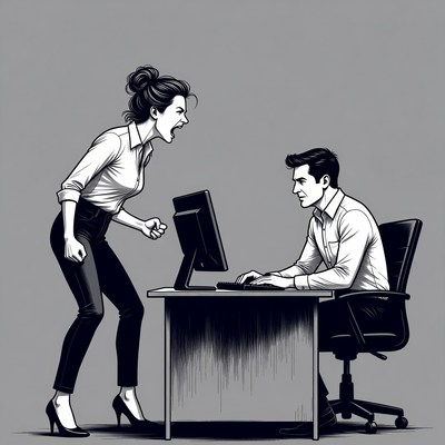 Angry woman yelling at man working on computer