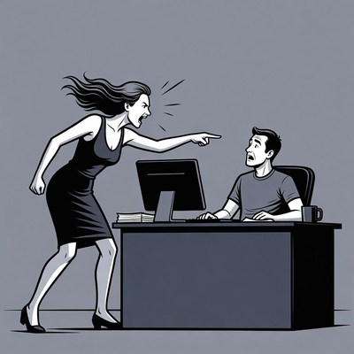 Angry woman yelling at man at desk