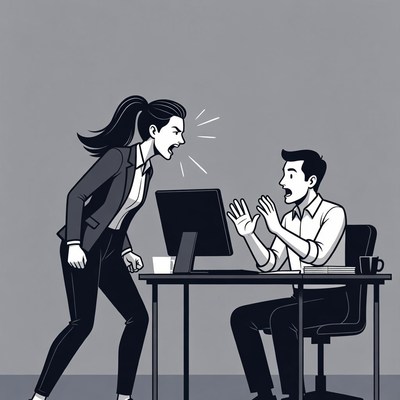 Angry woman yelling at surprised man office