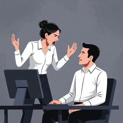 Angry woman yelling at man at desk