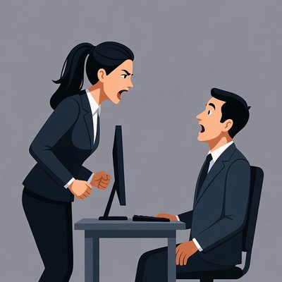 Angry woman yelling at shocked man at desk