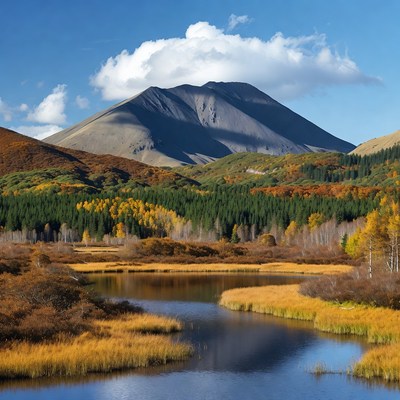Mountain with Autumn River Landscape