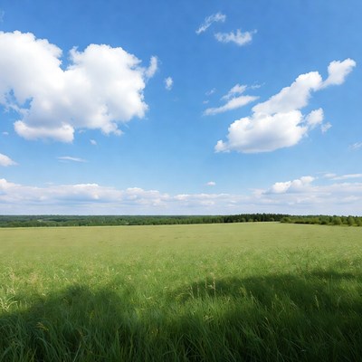Green field under blue sky with clouds