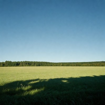 Green field with forest under blue sky