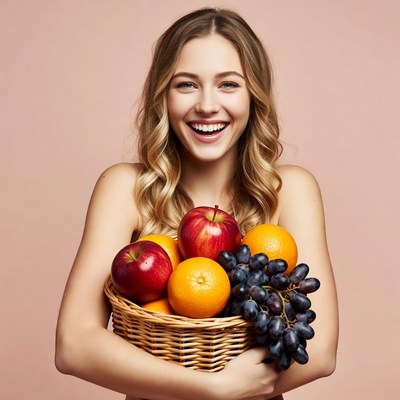Blonde woman holding fruit basket