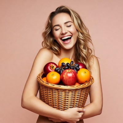 Blonde woman holding fruit basket