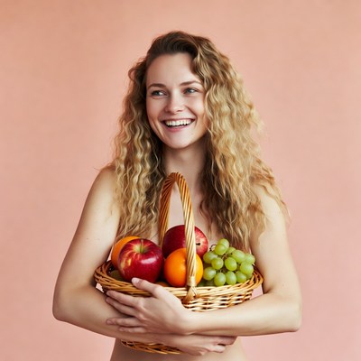 Nude woman holding fruit basket