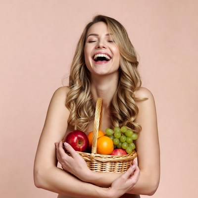 Blonde woman holding fruit basket