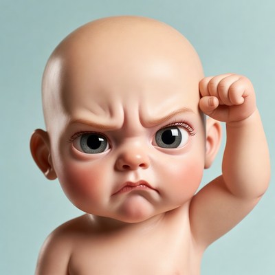 Angry bald baby flexing arm