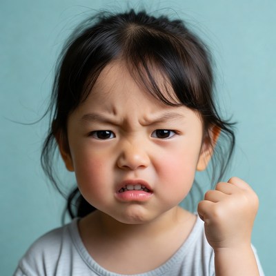 Angry Asian girl making fist