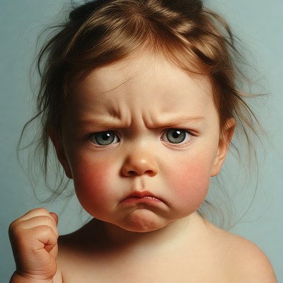 Angry baby girl with clenched fist