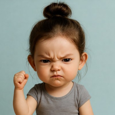 Angry Asian baby girl with fist