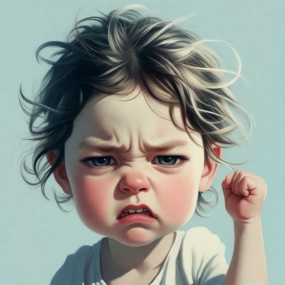 Angry baby with clenched fist