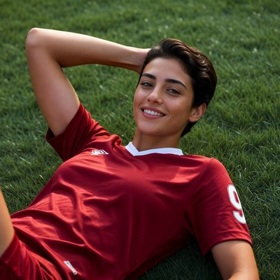 Smiling woman in red soccer jersey on grass