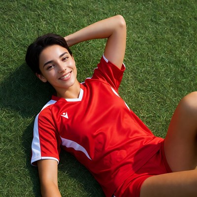 Smiling woman in red soccer uniform on grass