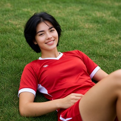 Asian woman in red soccer uniform on grass