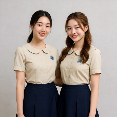 Two Asian girls in school uniforms