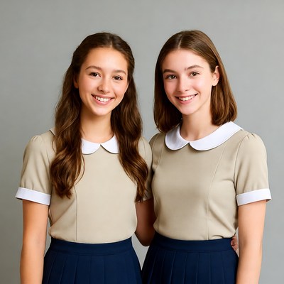 Two girls in beige school uniforms