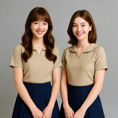 Two Asian girls in school uniforms