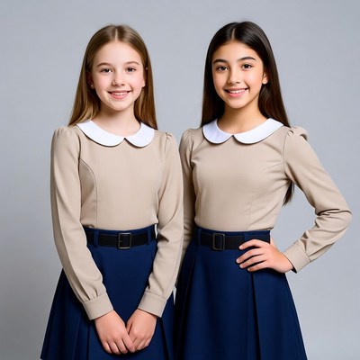 Two girls in school uniforms smiling
