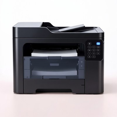 Black multifunction printer on white background