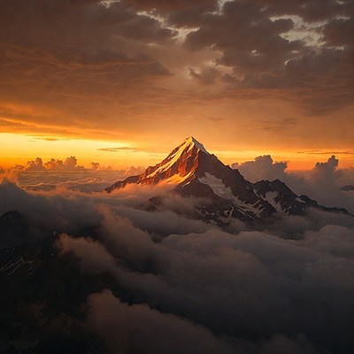Snowy Mountain Peak at Sunset Above Clouds
