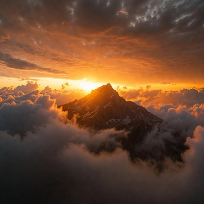 Mountain Peak at Sunrise Above Clouds