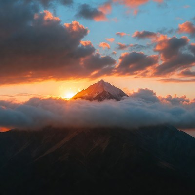 Sun Rising Behind Snowy Mountain Peak
