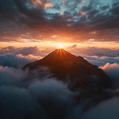 Sunrise Over Mountain Peak in Clouds
