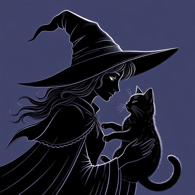 Witch holding black kitten silhouette
